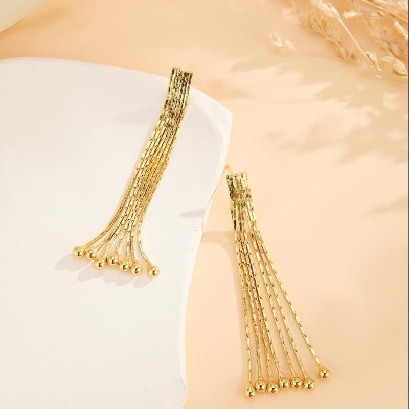 Gold Bead Tassel Earrings - Image 5