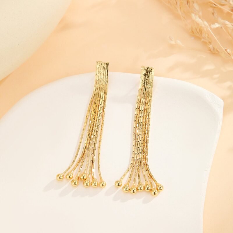 Gold Bead Tassel Earrings - Image 4